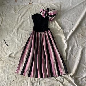 Vintage 80s Velvet Bow One Shoulder Drop Waist Princess Seam Party Dress Boning